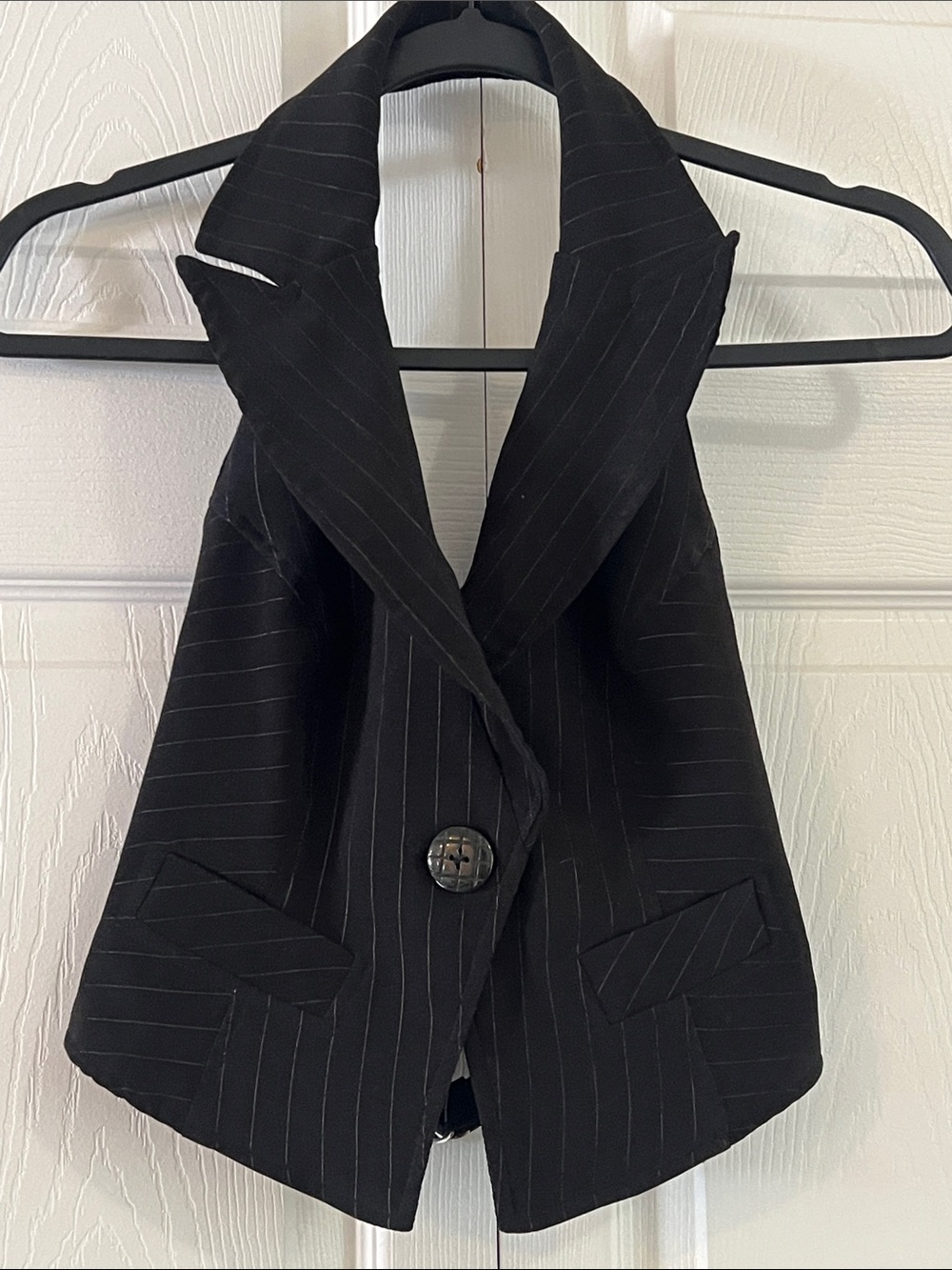 Women's Black Pinstripe Open Back Adjustable Tailored Vest with Notched Collar